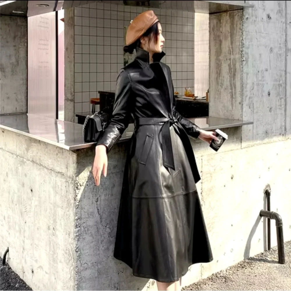 Long Leather Coat w/Sheepskin Collar - Picture 4 of 16